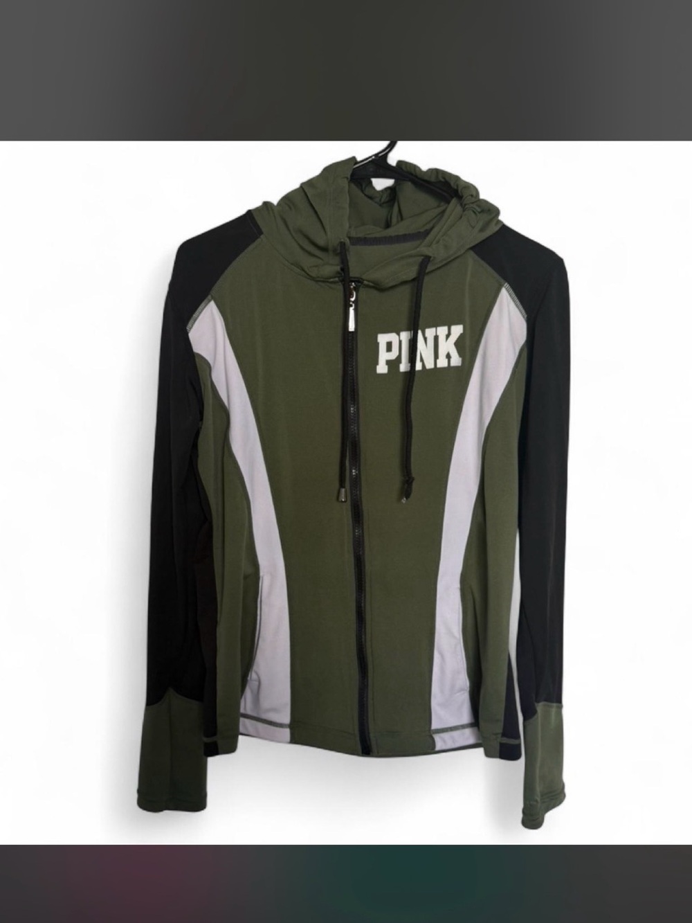 PINK Victoria's Secret Olive Green, Black & Light Gray Zip Hoodie Jacket